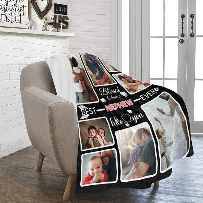 Custom Blanket Gifts for Nephew, Customized Blankets with Photos, Make a Personalized Bed Throws to My Nephew, Custom Souvenir Throw Blanket for Best Nephew Ever, 8 Collages Made in USA