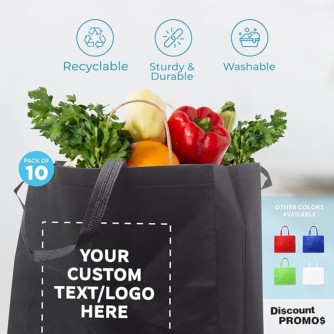 DISCOUNT PROMOS Custom Jumbo Sized Tote Bags Set of 10, Personalized Bulk Pack - Reusable Grocery Bags, Shopping Bags, Promotional Item Totes for Women - Black