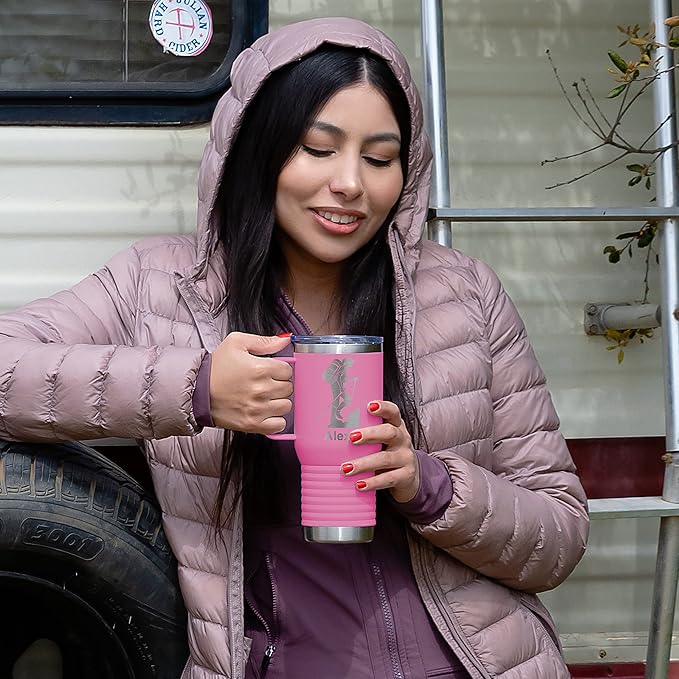 LaserGram 20oz Vacuum Insulated Travel Mug with Handle, Cup Cake, Personalized Engraving Included (Pink)