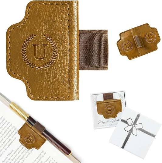 BygoneMark Magnetic Leather Bookmark with Pen Holder, Personalized Custom Initial Page Marker & Pen Clip, Professional Book Accessory for Students (Light Brown-U)