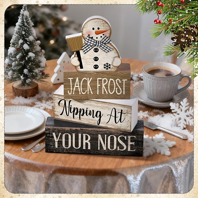 4 Pcs Winter Table Decor Wooden Snowman Black and White Winter Tiered Tray Decor Rustic Decorative Snowman Block Sign Gifts Christmas Centerpiece Rustic Christmas Decorations for Home Kitchen