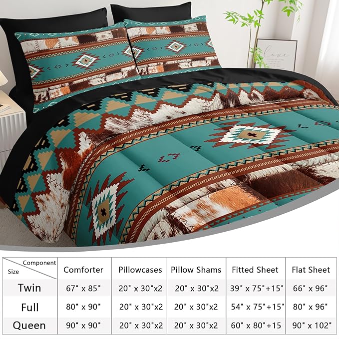 AILONEN Ethnic Cowhide Pattern Comforter Set Full,7-Piece Soft Bed in a Bag,Western Cow Fur Comforter & Fitted Sheet & Flat Sheet & 2 Pillowcases,2 Pillow Shams for Bedroom