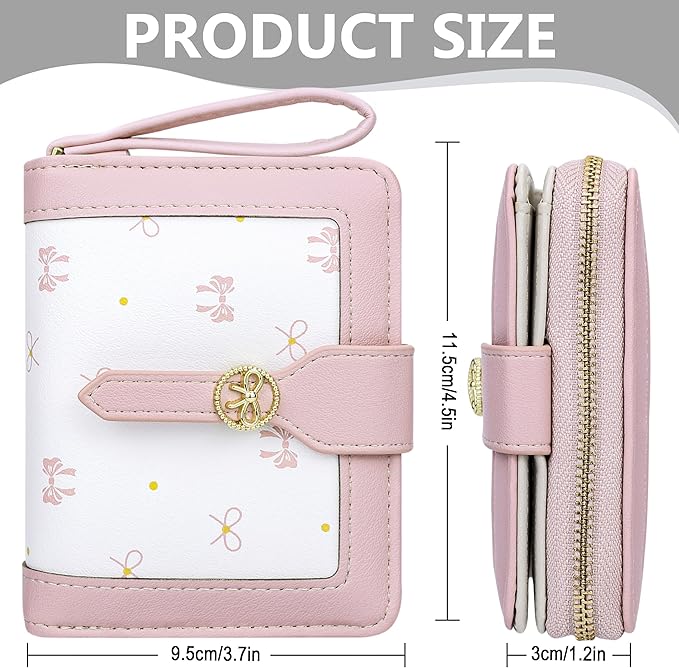 Cute Pink Small Bow Wallet for Women Bifold Womens Wallets Minimalist Ladies Purse with Bow Design Mini Kawaii Coin Purse with ID Window
