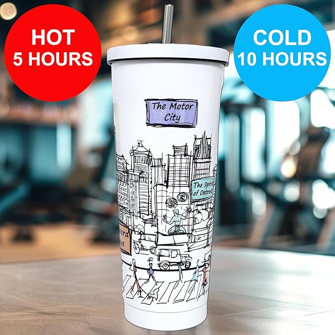 Cities Around the World 25 Oz Tumbler Series - Designed in the USA - Vacuum Insulated Tumbler with Lids & Straw - Stainless Steel Coffee Water Travel Mug, for Hot Cold Drink (Detroit)