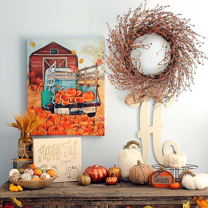 24 Inch Fall Wreath for Front Door with Large Grapevine, Orange Pip Berry Wreath for Fall Door Decor, Autumn Wreaths for Farmhouse Wall Window Home and Halloween Christmas Thanksgiving Decoration