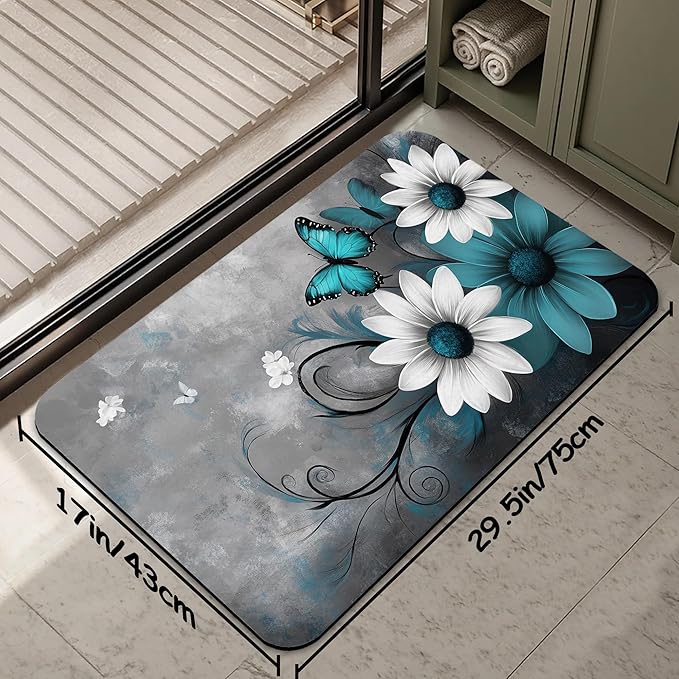 Abstract Blue Daisy Bathroom Rug 29.5"x17", Butterfly Bath Mat with Non-Slip Rubber Backing, Quick-Drying Absorbent Thin Floor Mat for Bathroom, Shower, Sink, or Kitchen