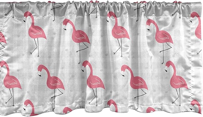 Ambesonne Pink Flamingo Window Valance, Cartoon Birds on Pastel Colored Checkered Background Wild Nature, Curtain Valance for Kitchen Bedroom Decor with Rod Pocket, 54" X 18", Pale Grey Coral Black