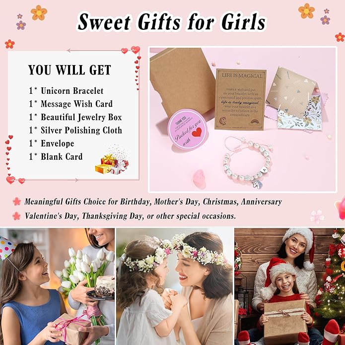 Hidepoo Valentines Gifts for Kids Girls - Unicorn Bracelets for Girls Kids, CZ Initial Unicorns Bracelet Adjustable Heart Initial Unicorn Bracelets Jewelry Birthday Gifts for Girl