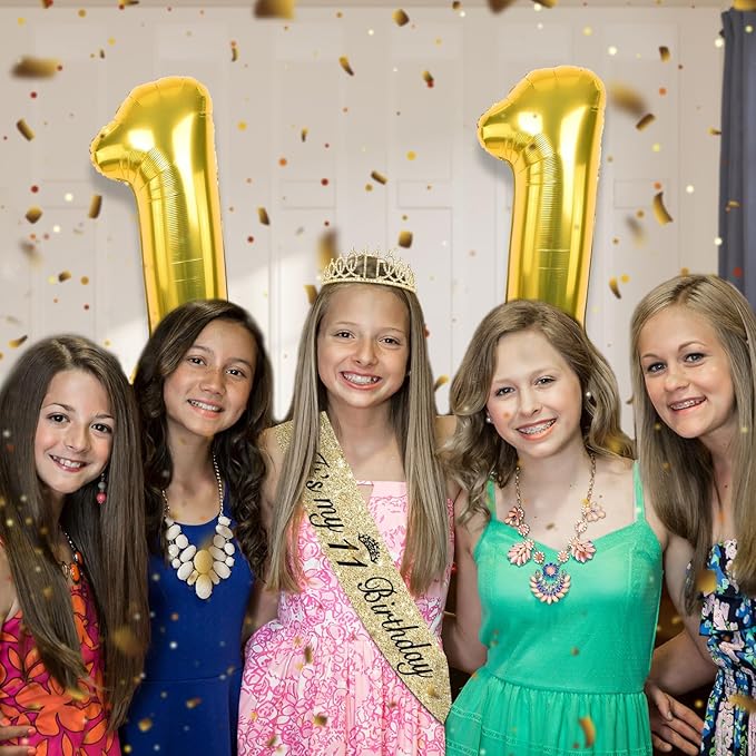 11th Birthday Decorations for Girls Gold with 11th Birthday Sash and Tiara, Candles and Cake Topper, Number Balloons, 11 Year Old Gifts for Girls