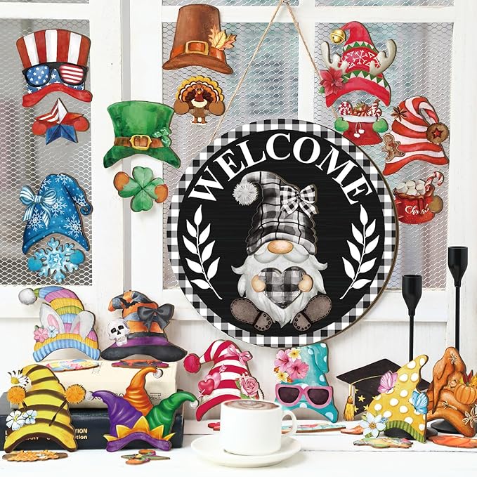 Qunclay Interchangeable Wooden Gnome Decor Holiday Seasonal Gnome Decorations with Magnet Pieces and Detachable Hats Changeable Welcome Sign for Home (Black Watercolor)