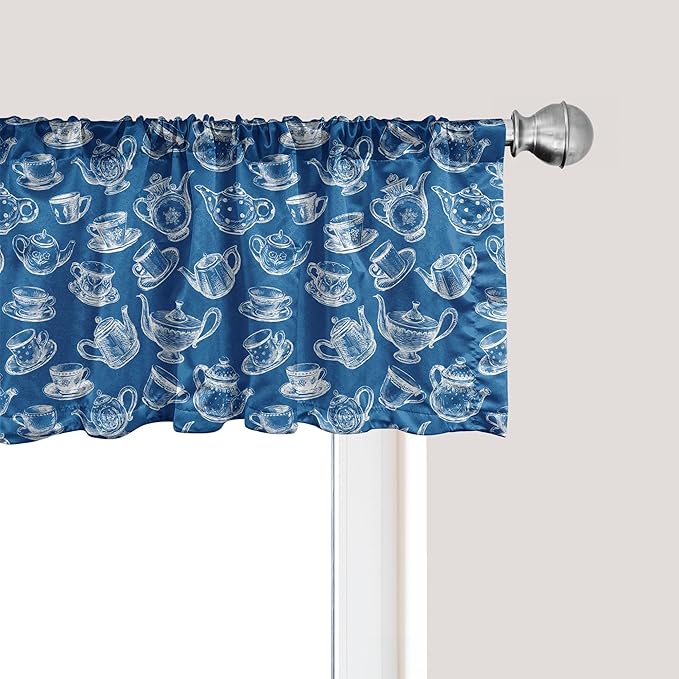 Ambesonne Teapot Window Valance Pack of 2, Rhythmic Engraving Sketch Style Dotted Pots Tea Vintage Cups Pattern, Rod Pocket Curtain Valances for Kitchen Bedroom, 42" X 18", Cobalt Blue and White