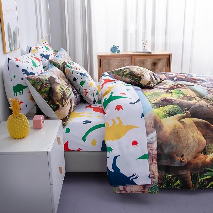 9 Piece Queen Size Dinosaur Comforter Set Bed in a Bag,Kids Queen Comforters 3D Dinosaur Bed Quilt Set for Teens,1 Comforter+4 Pillowcase+1 Flat Sheet+1 Fitted Sheet+2 Throw Pillows Case