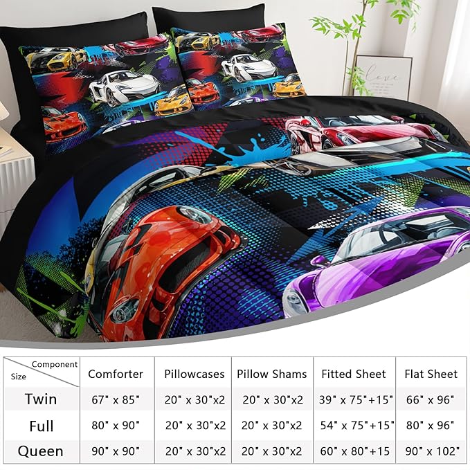 AILONEN 7-Piece Racing Car Comforter Sets Twin Size,Extreme Sports Bedding Set Bed in a Bag for Kids Boys Teens,Cool Speed Race Comforter & Fitted Sheet with Flat Sheet & 2 Pillowcases,2 Pillow Shams