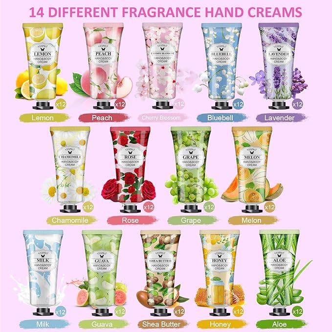 VESPRO 168 Pack Hand Cream Set for Women, Hand Lotion for Valentines Day Gifts, Bridesmaid Gifts, Thank You Gifts, Birthday Gifts, Mothers Day Gifts, Hand Lotion Travel Size for Dry Cracked Hands