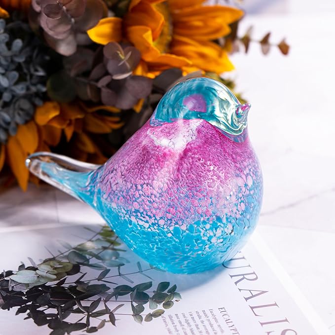 5.5" Hand Blown Glass Blue Bird Figurine Glass Pink and Blue Birds of Happiness Statue Crystal Animal Sculpture Decorative Ornaments for Home Decoration,Birthday Present,Women Gift for Christmas