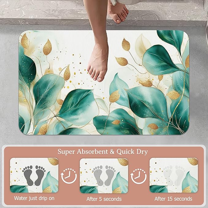 Eucalyptus Gree Bathroom Rugs,Bath Mats for Bathroom,Gold Foil Low Pile Absorbent Bath Mat,Rubber Backing Non Slip Washable Thin Quick Dry Door Mat 17x29.5 Inch