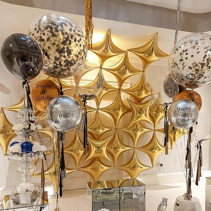 12PCS Gold Star Balloons, 24in 18in 10in Four Pointed Star Shaped Balloon Gold Foil Balloons for Graduation New Year Birthday Retirement Party Decorations