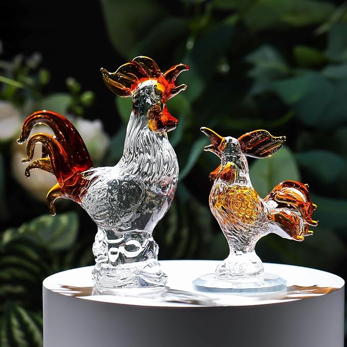 Movdyka 2pc Brown Crystal Chicken Rooster Figurine Table Art Sculpture Decor Hand Blown Glass Farm Animal Table Ornament Decoration Statue Rooster Gifts for Women