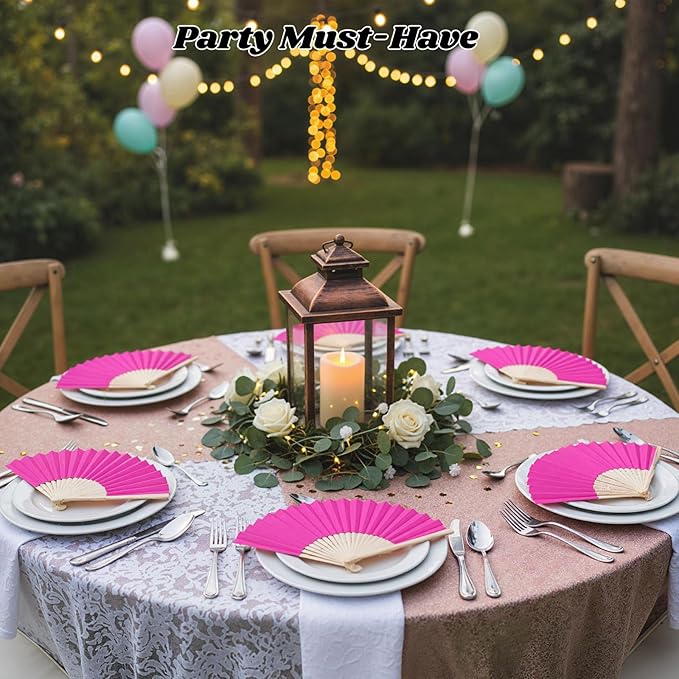JOHOUSE 12 Pcs Paper Folding Hand Fans, 8.3 Inch Dark Pink Paper Fans Handheld Portable for Wedding, Outdoor Party Favors, Bridal Shower DIY Crafts Photography Prop Pink Party Decorations