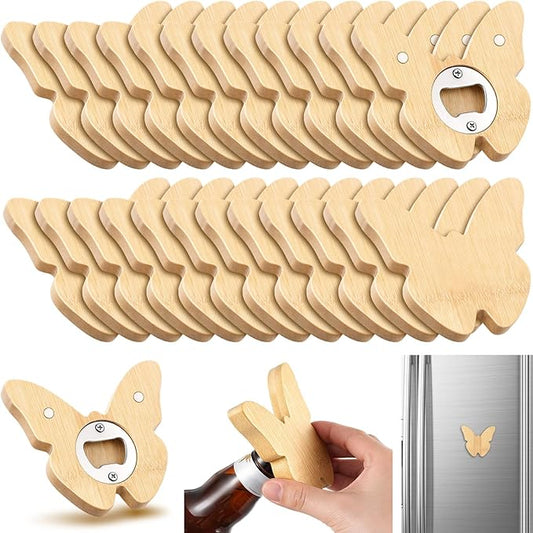 Vesici 24 Pcs Magnetic Bottle Opener 2.5in DIY Bamboo Butterfly Shape Beer Openers Wooden Fridge Magnet Refrigerator Sticker Gift for Beer Lover Wedding Guest Kitchens Bars Parties