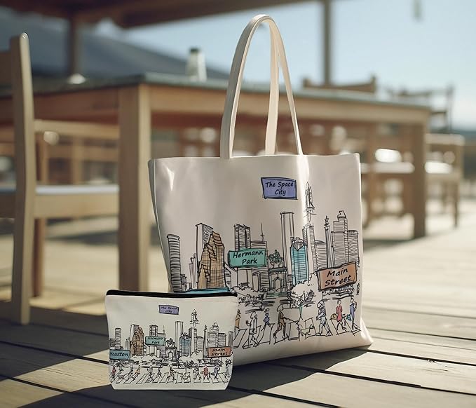 Cities Around the World Artwork Cosmetic Bag Series – Designed in USA, Travel Makeup Bag with Zipper, Souvenir Gift for Women, Artwork Organizer for Purse or Toiletry (Houston)