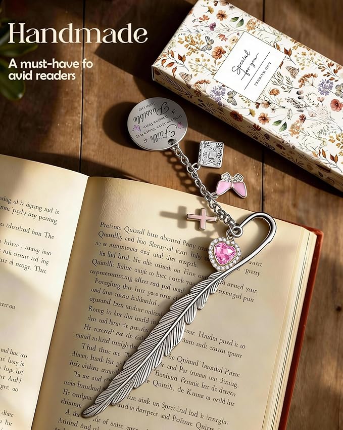 Buleens Bookmarks for Women Reading - Book Marks for Readers Book Lovers, Feather Faith Cross Butterfly Personalized Metal Bookmark with Pendants, Pretty and Aesthetic Book Accessories Reading Gifts