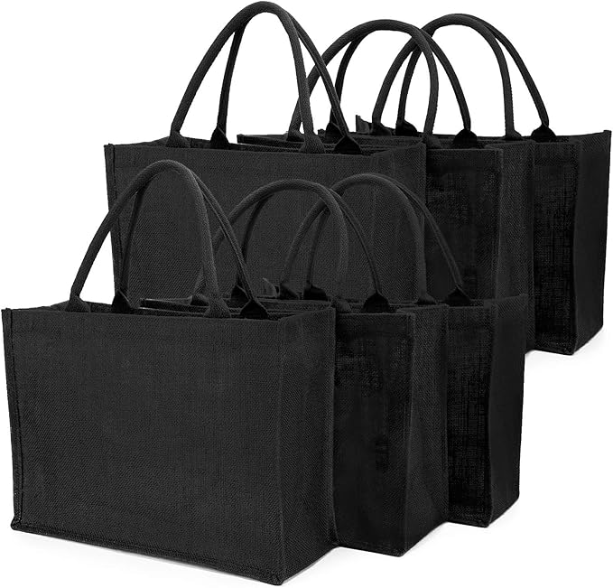 Segarty Tote Bags, 6 Pack Large Black Burlap Jute Reusable Canvas Gift Favors Bag with Handles Blank Tote Bulk for Bridesmaid Wedding, Women Market Grocery Shopping, Bachelorette Party, Beach Trip