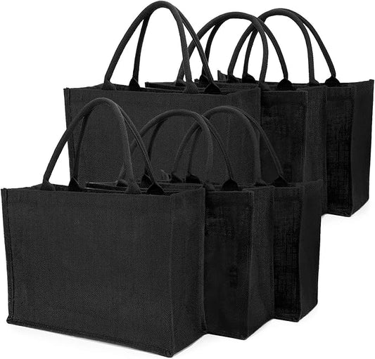 Segarty Tote Bags, 6 Pack Large Black Burlap Jute Reusable Canvas Gift Favors Bag with Handles Blank Tote Bulk for Bridesmaid Wedding, Women Market Grocery Shopping, Bachelorette Party, Beach Trip