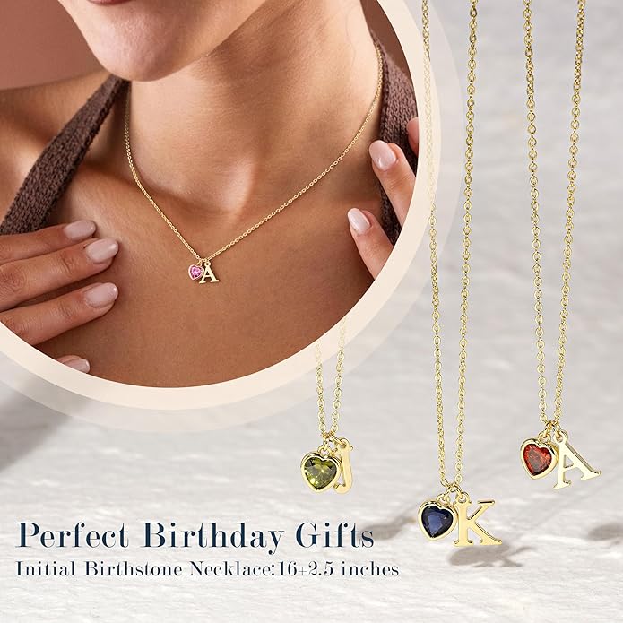 Turandoss Valentines Day Gifts for Her Trendy, Dainty 14K Gold Plated Initial A-Z Heart Birthstone Pendant Necklace Personalized Bridesmaid Birthday Valentines Jewelry Gifts for Women Girls