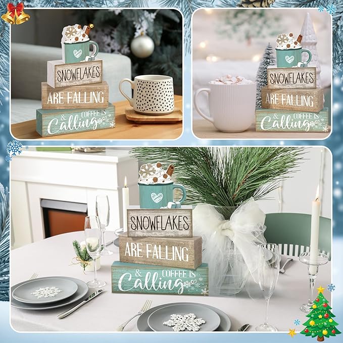 4 Pcs Winter Table Decor Wooden Milk Cocoa Decoration Winter Tiered Tray Centerpiece Decorative Blue Hot Cocoa Block Signs Gift Farmhouse Decoration for Home Kitchen