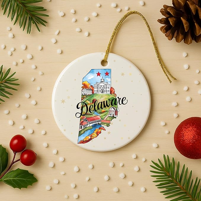 USA State Landmark Ceramic Ornament – Round Glossy Christmas Decoration Featuring U.S. State Art, Landmarks & Holiday Scenery – Collectible Travel Souvenir Ornament Series (Delaware)