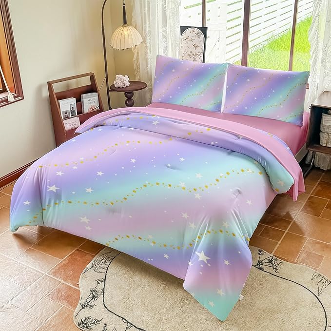 Rainbow Bedding Set Twin Size – 5 Piece Reversible Girls Comforter with Deep-Pocket Sheet, Gradient Galaxy Design, Whole-Piece Filling, Machine Washable Bed-in-a-Bag for Kids Room Makeover & Gifts
