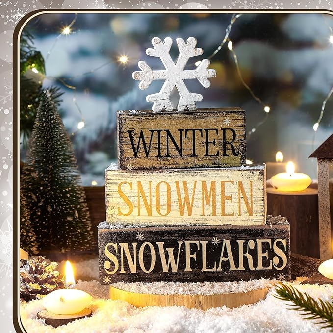 4 Pcs Winter Table Decorations Wooden Snowflake Decor Christmas Tiered Tray Decor Rustic Snow Block Signs Gift Farmhouse Christmas Centerpiece for Winter Wonderland Party Kitchen Shelf Home