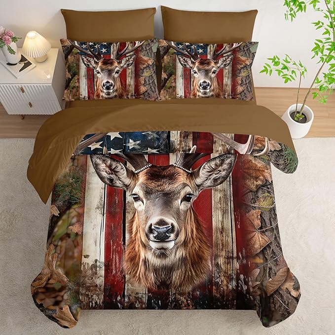 7Pcs Comforter Set American Flag Deer Printed Bedding Set with 1 Comforter, 1 Flat Sheet, 1 Fitted Sheet and 4 Pillowcases for Boys and Girls Bedroom All Season(Deer Queen)
