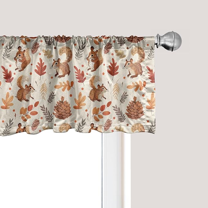 Ambesonne Fall Window Valance Pack of 2, Vintage Farmhouse Autumnal Theme with Squirrels Pinecones and Leaves Print, Rod Pocket Curtain Valances for Kitchen Bedroom, 54" X 18", Beige Brown and Cocoa