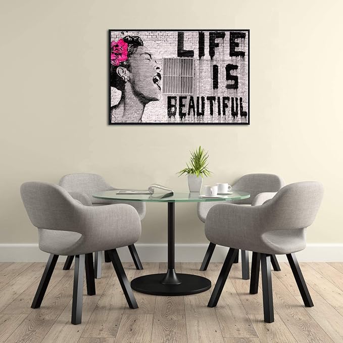 Wieco Art Framed Art Canvas Prints of Banksy Life is Beautiful Abstract Artwork for Wall Decor Black Frame