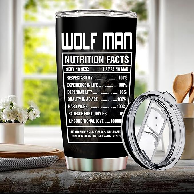 Wolf Gifts for Men Wolves Gift for Wolf Lovers Him Dad Husband Legend Facts Tumbler Cup 20oz Insulated Stainless Steel Travel Coffee Mug with Lid Birthday Christmas Fathers Day
