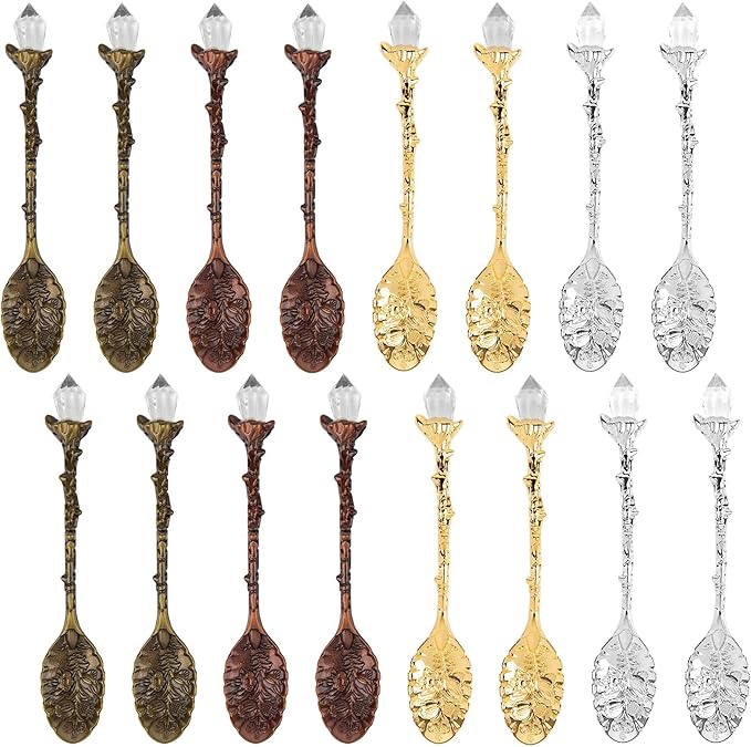 AUEAR, 16 Pack Vintage Coffee Crystal Spoons Decorative Tea Carved Spoon for Kitchen Accessory 4 Colors