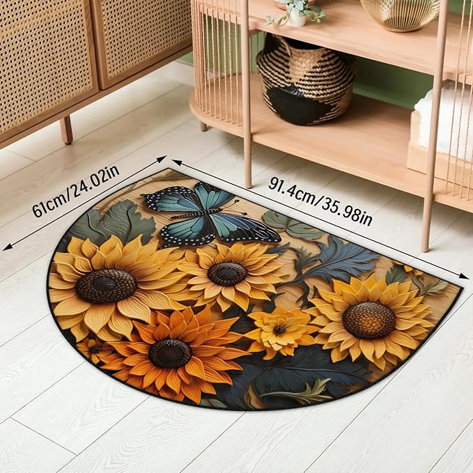 Retro Sunflower Half Round Door Mat Butterfly Non Slip Bath Mats Absorbent Front Porch Rugs Shower Mat for Living Room Bedroom Kitchen Bathroom Floor Home Decor