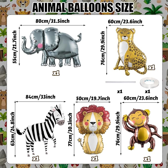 Jungle Safari Animals Balloons, Jungle Safari Theme Birthday Party Decorations, Lions Zebra Elephant Monkey Leopard Foil Balloons for Kids Boys Wild One Zoo Birthday Baby Shower Party Decor Supplies