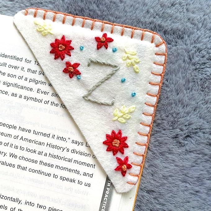 Personalized Hand Embroidered Corner Bookmark, Women's Gift - Cute Flower Book Mark, Hand Stitch Gift for Book Lovers by HNQCPCVU (Z, White)