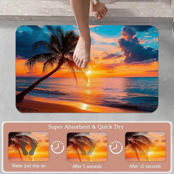 Tropical Palm Bathroom Rugs,Bath Mats for Bathroom,Sunset Sea Beach Low Pile Absorbent Bath Mat,Rubber Backing Non Slip Washable Thin Quick Dry Door Mat 17x29.5 Inch