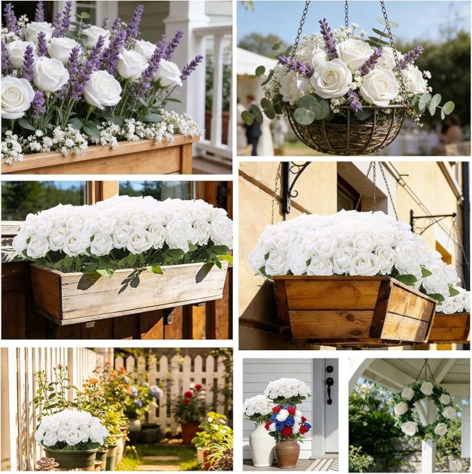 Roses Artificial Flowers, Silk Roses with Stems for Wedding Bridal Bouquets, Valentine Anniversary Mother's Day Get Well Hostess Housewarming Gifts, Indoor Outdoor Decor Party Centerpiece (12, White)