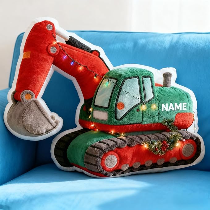 Personalized Excavator Shaped Pillow, Custom Name Plush Stuffed Pillows, Suitable for Beds, Sofas, Bedrooms, Living Rooms Custom Decorative Cushion Gifts for Birthday and Anniversary