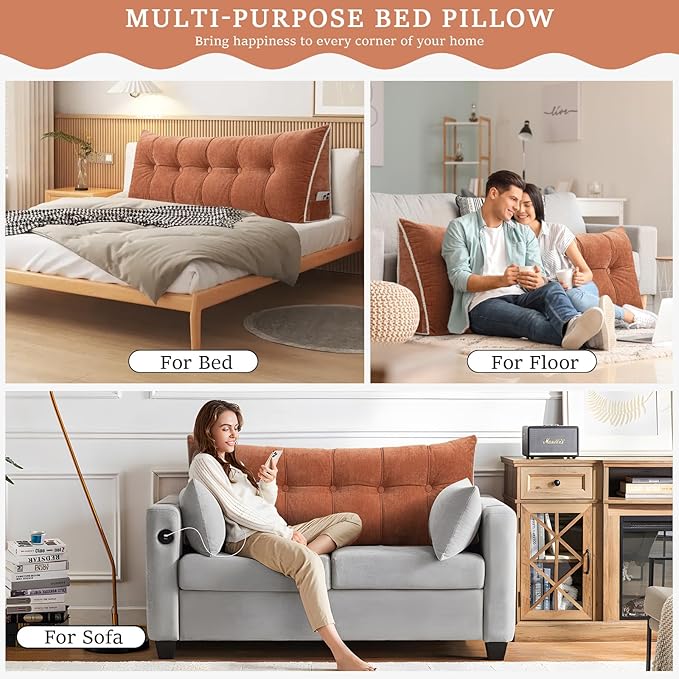 Headboard Pillow Twin, Chenille Triangular Wedge Pillow Headboard Twin Size, Reading Setting Backrest Daybed Pillows for Bed Sofa with Removable Coverr, Orange