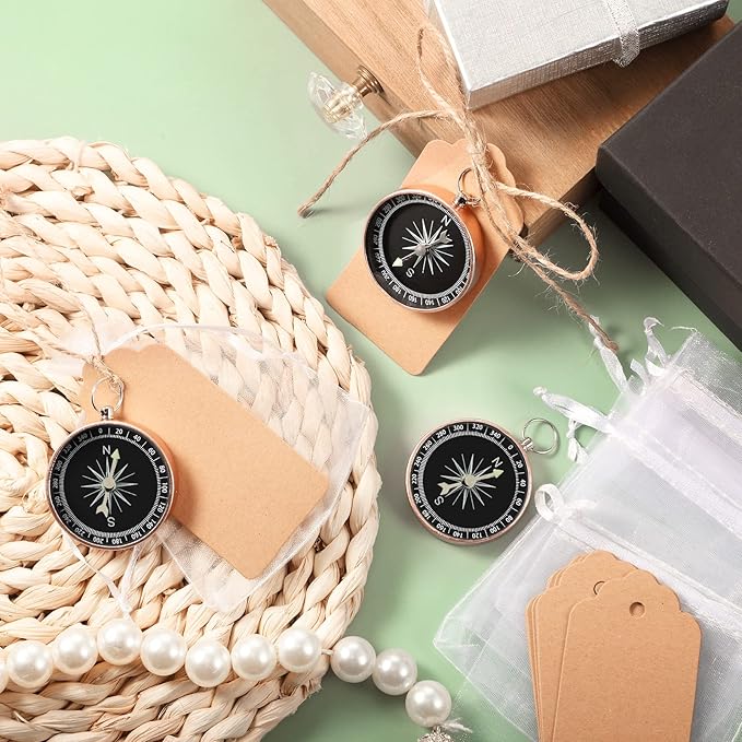TaoBary 60 Pcs Compasses Valentines Day Wedding Party Favors Set, 2026 Mini Compass Souvenir Nautical with Kraft Tags and Organza Bag for Guests Birthday Nautical Travel Party Souvenir Gift(Rose Gold)