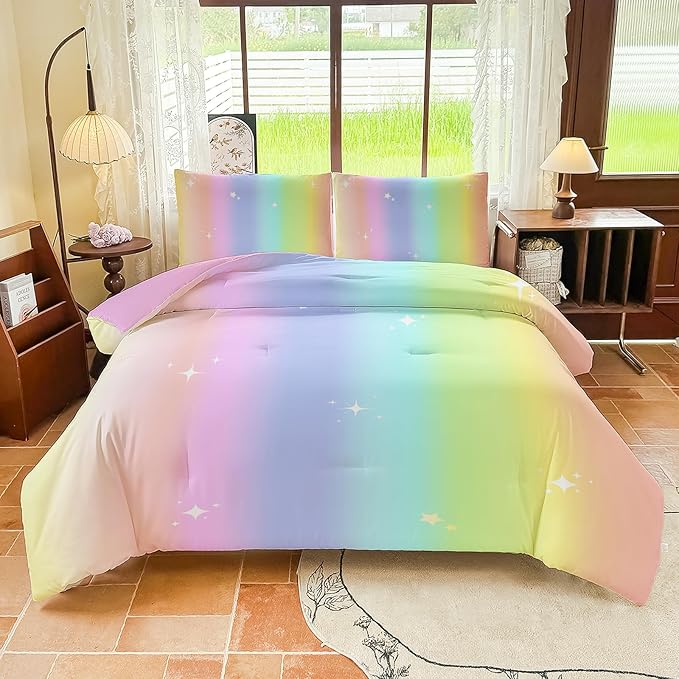Rainbow Bedding Set Full Size – 5 Piece Reversible Girls Comforter with Deep-Pocket Sheet, Gradient Galaxy Design, Whole-Piece Filling, Machine Washable Bed-in-a-Bag for Kids Room Makeover & Gifts