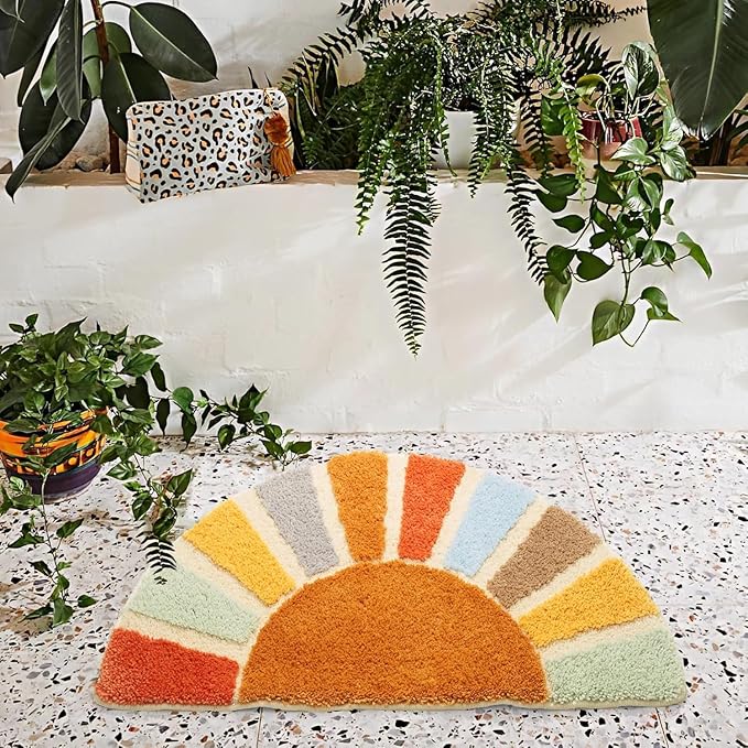 2 Pack Sunrise Boho Bathroom Rugs, Half Circle Bath Mat Cute, Sun Bath Mats,Retro Bohemian Home Bathroom Decor, Small Colorful Fun Semi Round Shower Rug, Funny Washable Rug Bedroom 31" x16