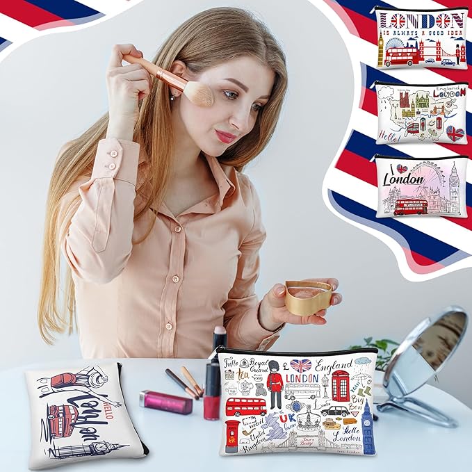 Reginary 6 Pcs City Cosmetic Bag Souvenir Gifts New York Zipper Pouch Chicago Souvenir Seattle Boston Nashville London Paris Italy Alaska Gifts Memento for Women Traveler(London)
