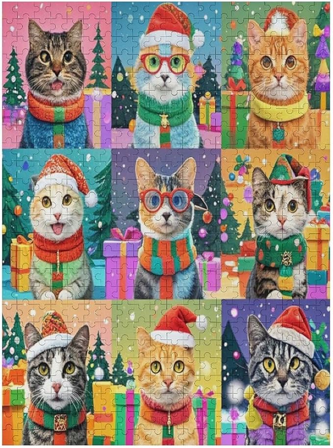 Wooden Puzzle 500 Pieces Adult - Christmas Cat Puzzle Christmas Puzzles, Holiday Puzzles, Family Toys, Party Games, Jigsaw Puzzle Challenge and Funny